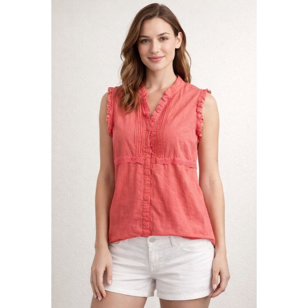 Caribbean Joe Coral Sleeveless Blouse Lace Trim Cotton Small
